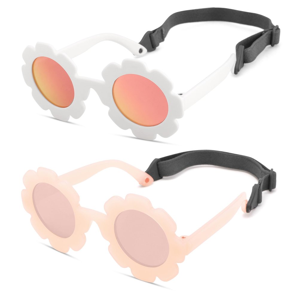 Hycredi Flexible Bendable Flower Baby Polarized Sunglasses with Strap for Newborn Infant Boys Girls Age 0-24 Months- White/Purple Red +Jelly Pink/Pink