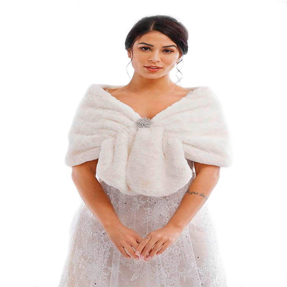 Auwoyss Women's Wedding Faux Fur Shawl Wrap Bridal Scarf Stoles Faux Fur shrug Shawl Fur Cover up for Bride and Bridesmaids (Beige)