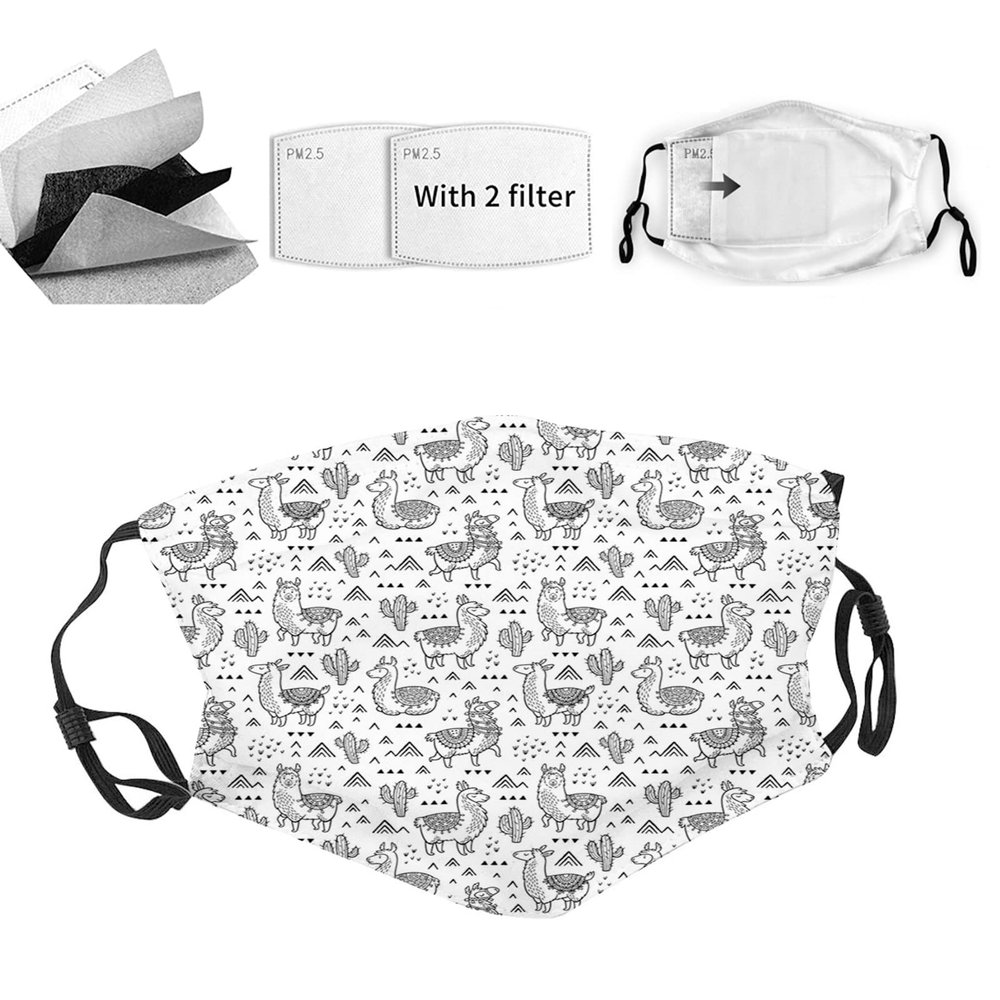 VeJerKK Llama Cloth Face Mask Bandana With 2pcs Filters,Cartoon Doodle Style Llama,Balaclava Adjustable Earloop Washable Reusable for Women Men,White