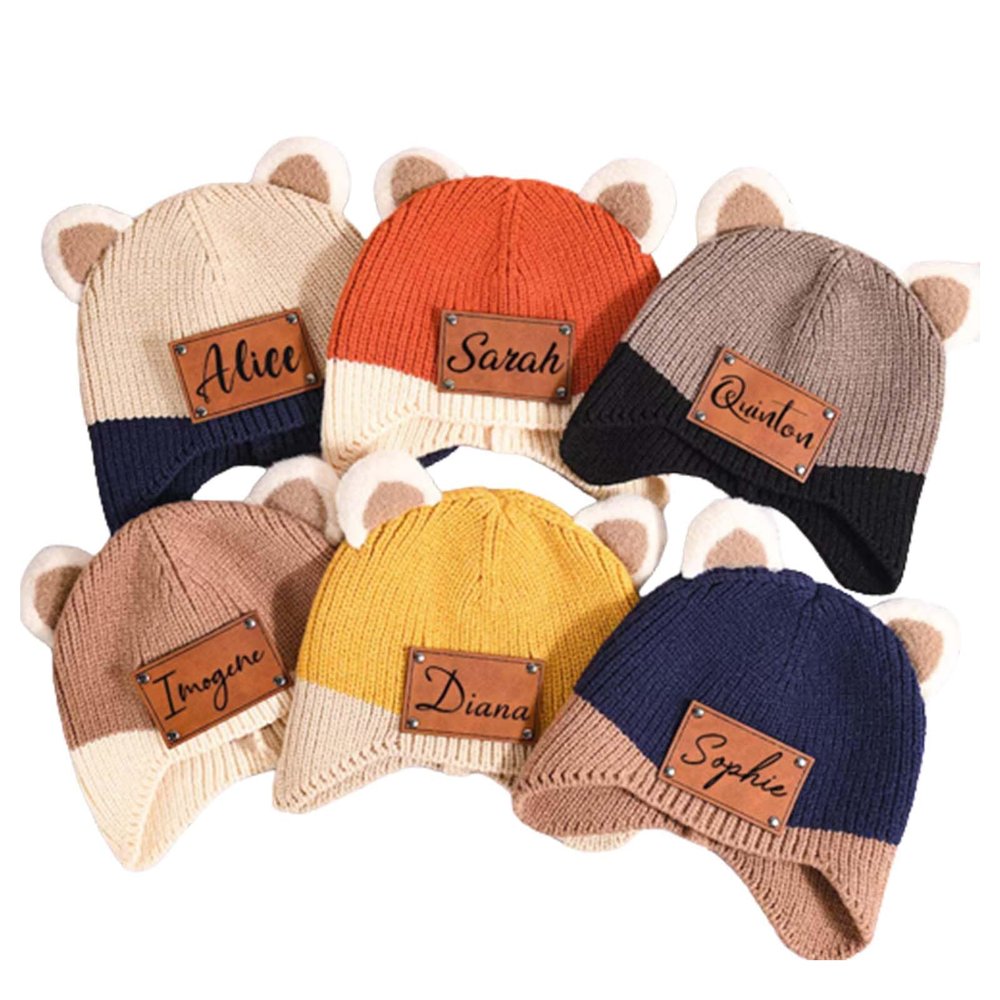 Custom Cute Baby Beanie Hat, Personalized Kids Name Beanie Winter Warm Hats with Leather Patch oddler Beanie Warm Knit Hats (Style 4)
