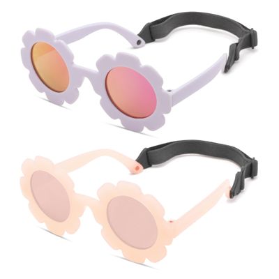 Hycredi Flexible Bendable Flower Baby Polarized Sunglasses with Strap for Newborn Infant Boys Girls Age 0-24 Months-Purple/Purple+Jelly Pink