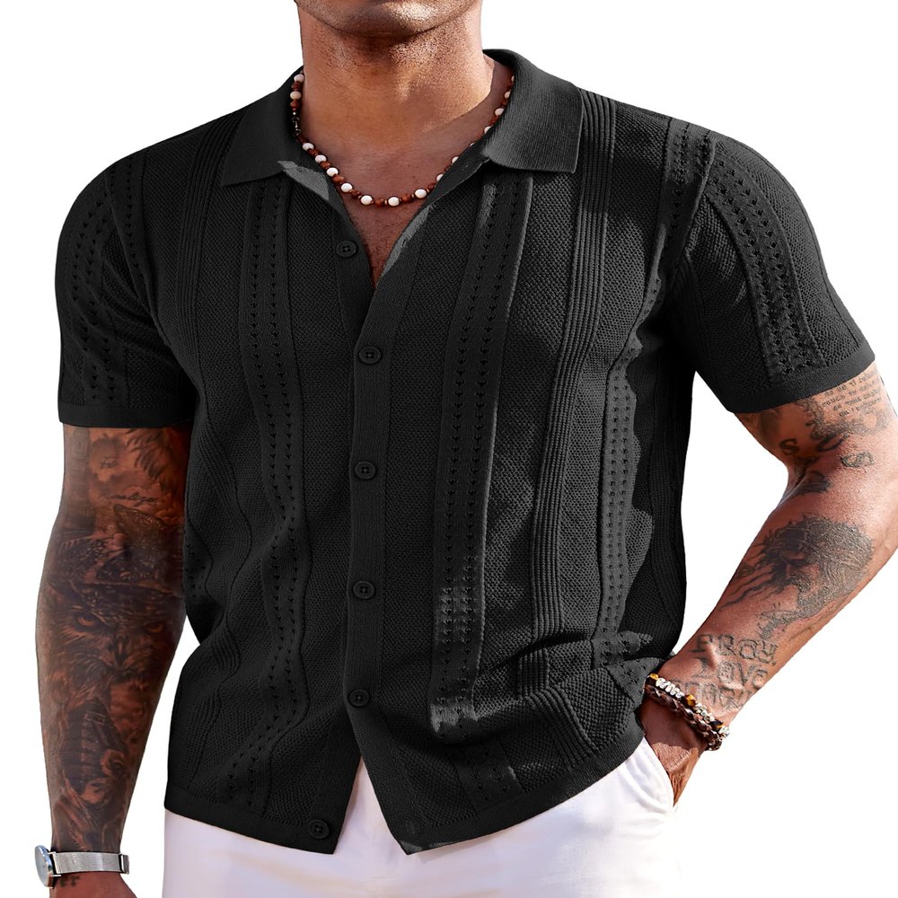 COOFANDY Men's Short Sleeve Knit Shirts Vintage Button Down Polo Shirt Casual Beach Tops, Black, Small