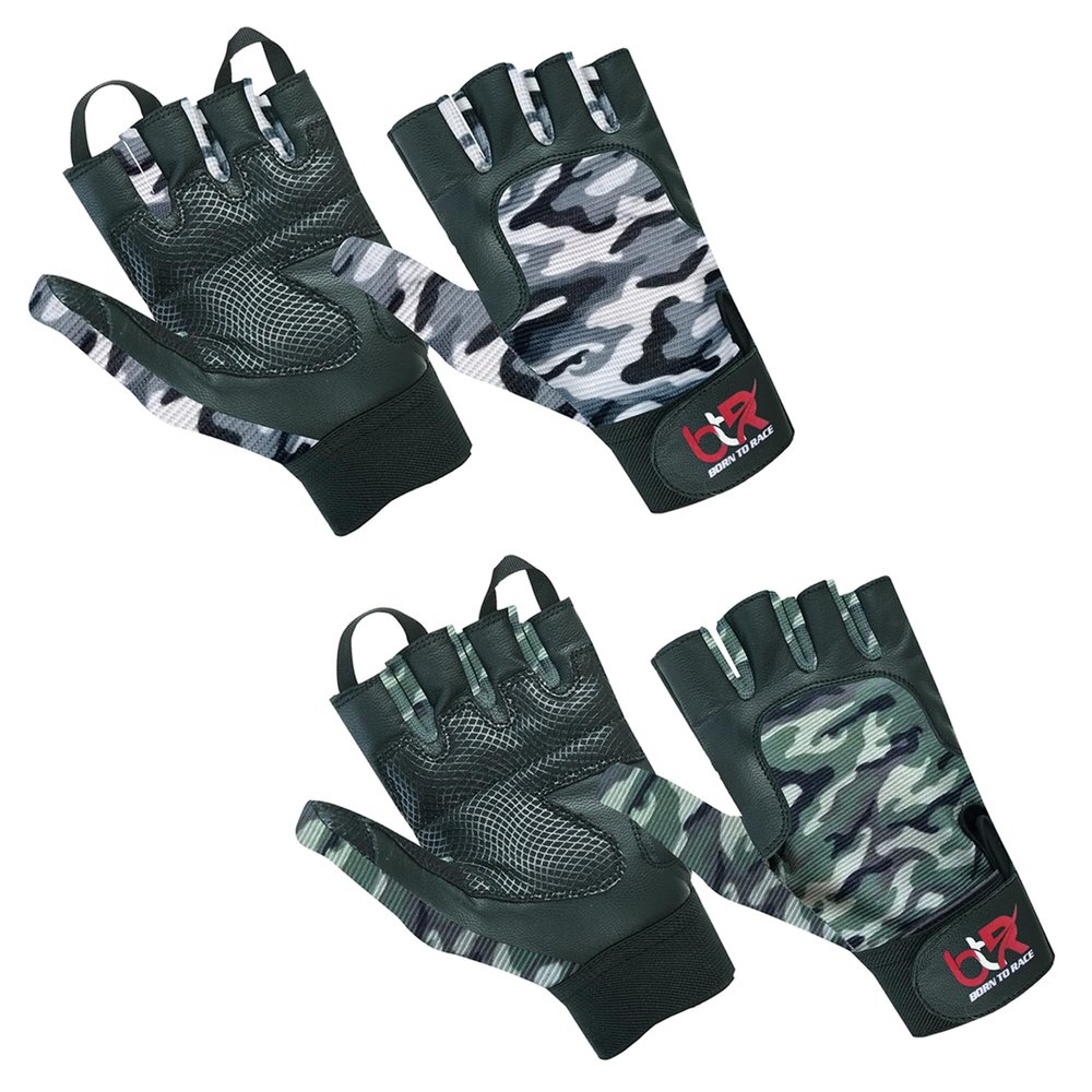 BTR BORN TO RACE Wheelchair User Gloves Set Mobility Disability Fingerless Long Thumb Leather Palm Workout Weight Lifting, Cycling Gloves Set (Green Camo/Grey Camo (2-Pack), L)