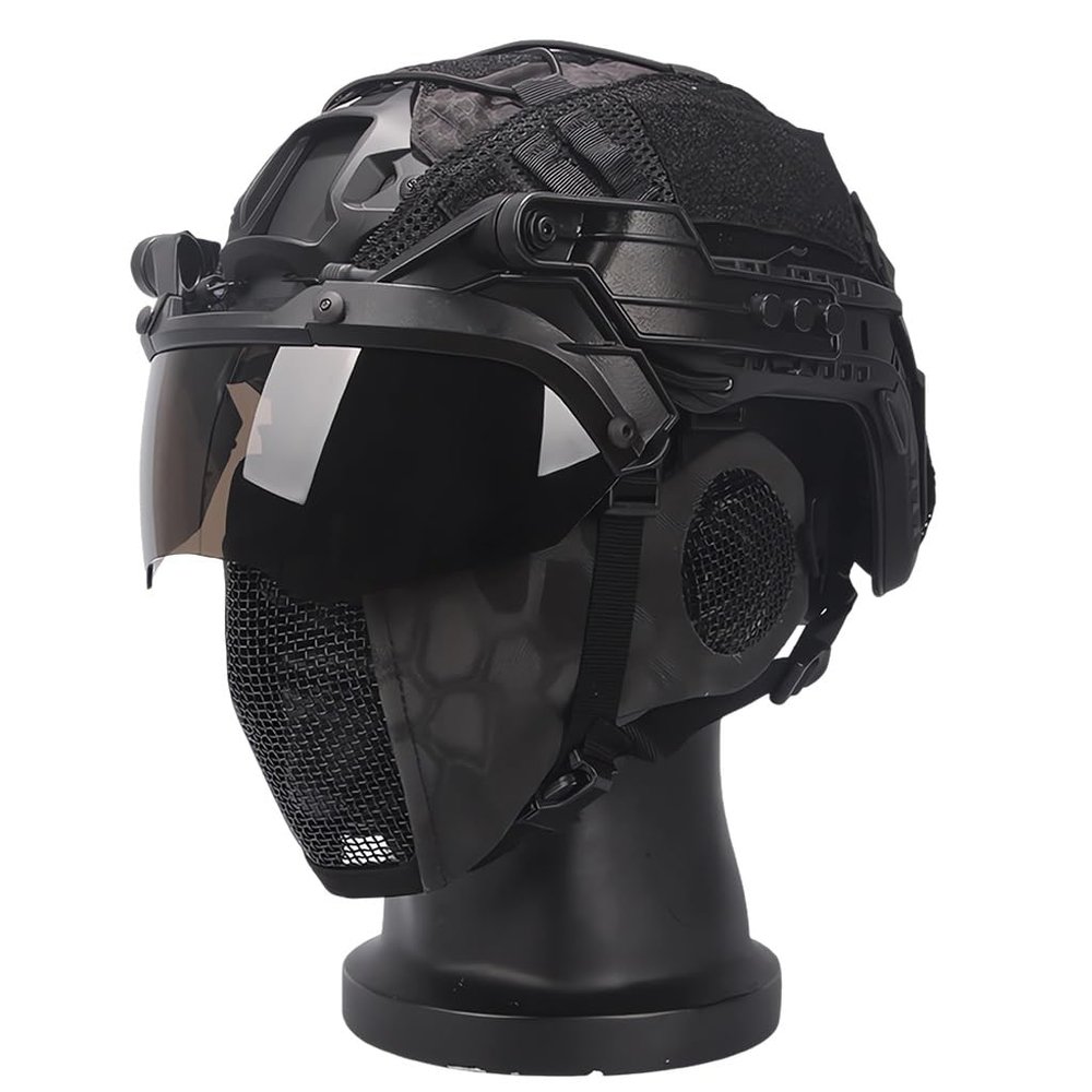 KLYso Fast Tactical Helmet Set with Protect Ear Foldable Double Straps Half Face Mesh Mask & Goggle Used for Training Hunting CS Game Kit (Color : BK)