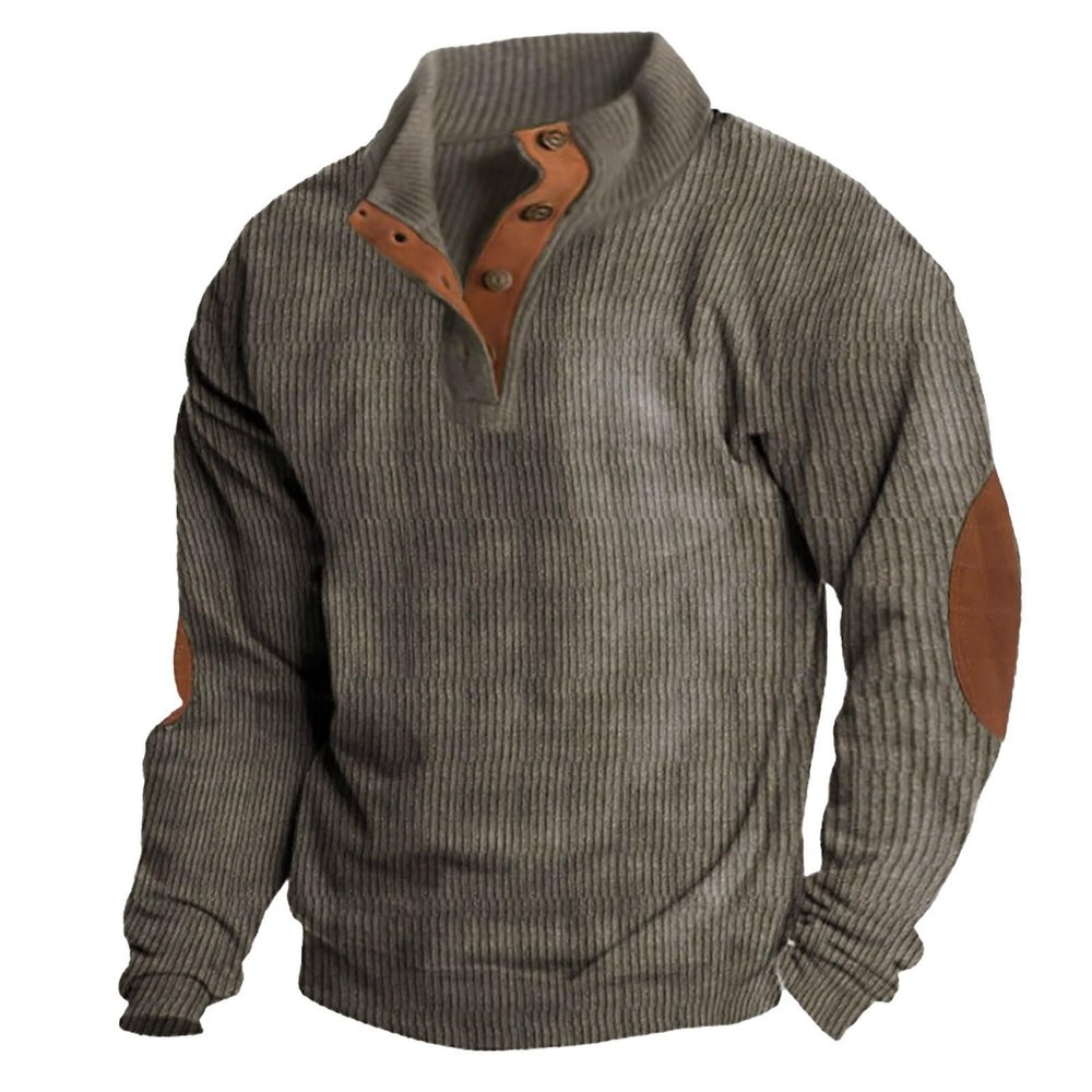 ZYXTIM Long Sleeve Corduroy Shirts Button Down Waffle Sweatshirt Ribbed Raglan Sleeve Stand Collar Pullover Sweatshirt Top Henley Shirts(AG,Large)