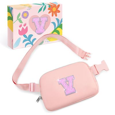COSHAYSOO Initial Letter Fanny Pack for Girls Personalized Christmas Birthday Gifts for 6 7 8 9 10 11 12 Year Old Teen Girl, Girly Fashion Crossbody Purse Belt Bag Preteen Tween Trendy Stuff Pink V