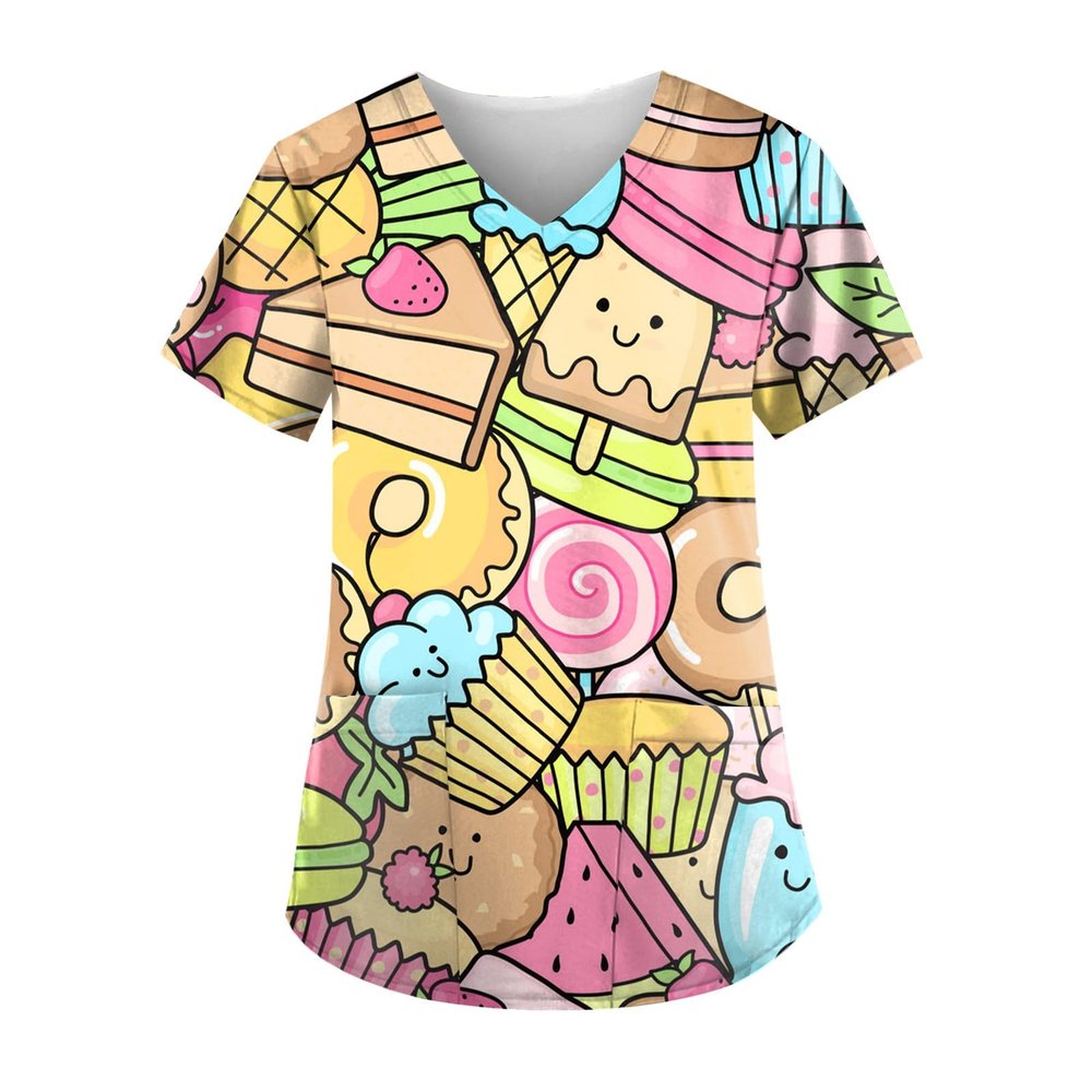 Cute Cartoon Animal Prints Women's Scrubs Tops Medical Uniforms Workwear for Nurse Vet with 2 Big Sturdy Pockets Stretch Short Sleeve V-Neck Scrub Sets T-Shirts