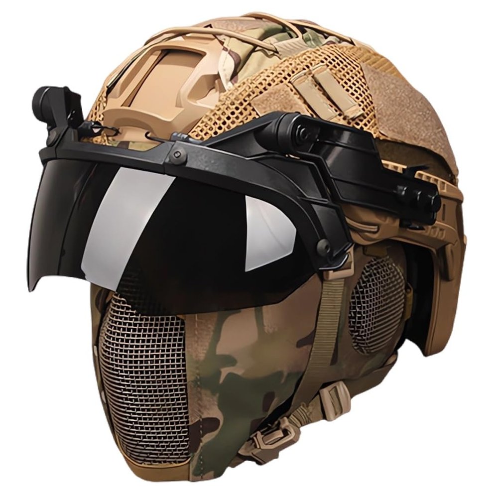 KLYso Used for Training Hunting CS Game Kit Fast Tactical Helmet Set with Protect Ear Foldable Double Straps Half Face Mesh Mask & Goggle (Color : T)