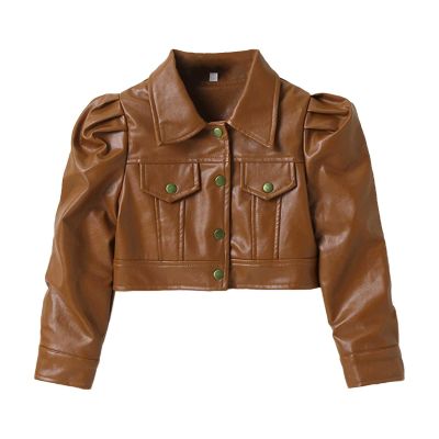 Toddler Girl Long Sleeve Short Leather Jacket Motorcycle Jacket Casual PU Leather Coat For 2 To 8 (Brown, 6-7 Years)