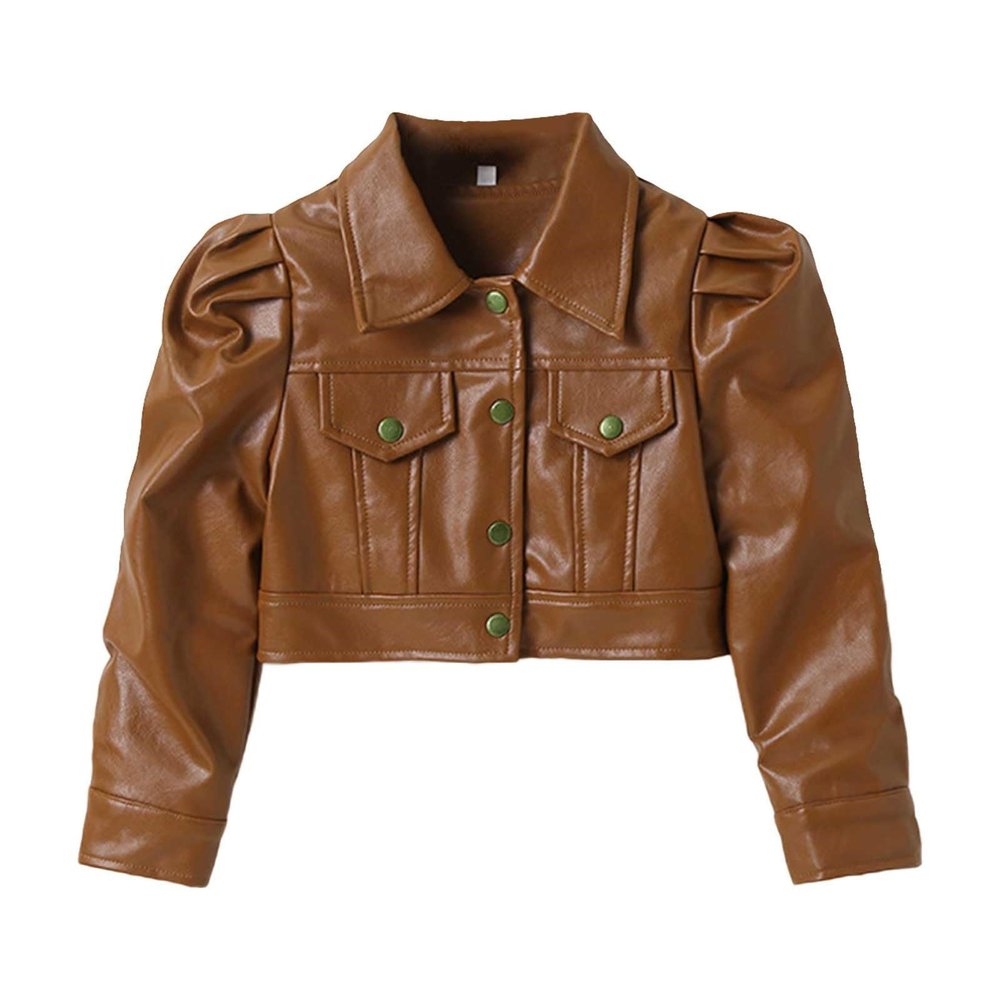 Toddler Girl Long Sleeve Short Leather Jacket Motorcycle Jacket Casual PU Leather Coat For 2 To 8 (Brown, 6-7 Years)