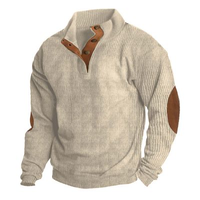 Mens Waffle Sweatshirt Corduroy Shirts Patched Elbow Shoulder Casual Lapel Button Down Pullover Thermal Sweater Casual Polo Sweatshirt
