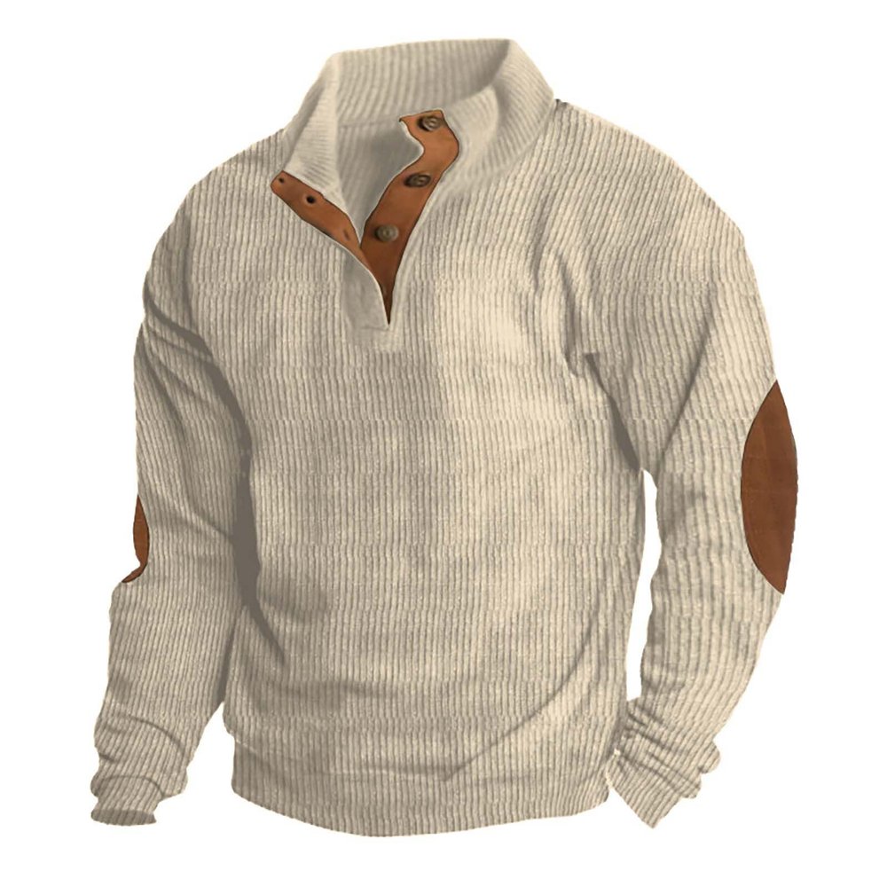 Mens Waffle Sweatshirt Corduroy Shirts Patched Elbow Shoulder Casual Lapel Button Down Pullover Thermal Sweater Casual Polo Sweatshirt