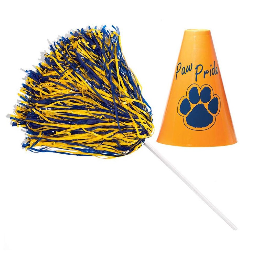 Anderson's Exclusive Blue and Gold Paw Pride Shaker Pom Poms Megaphone Noisemaker Set School Spirit Cheerleader Sports Fan Football Homecoming Squad Team Party Dance Club Pack of 48