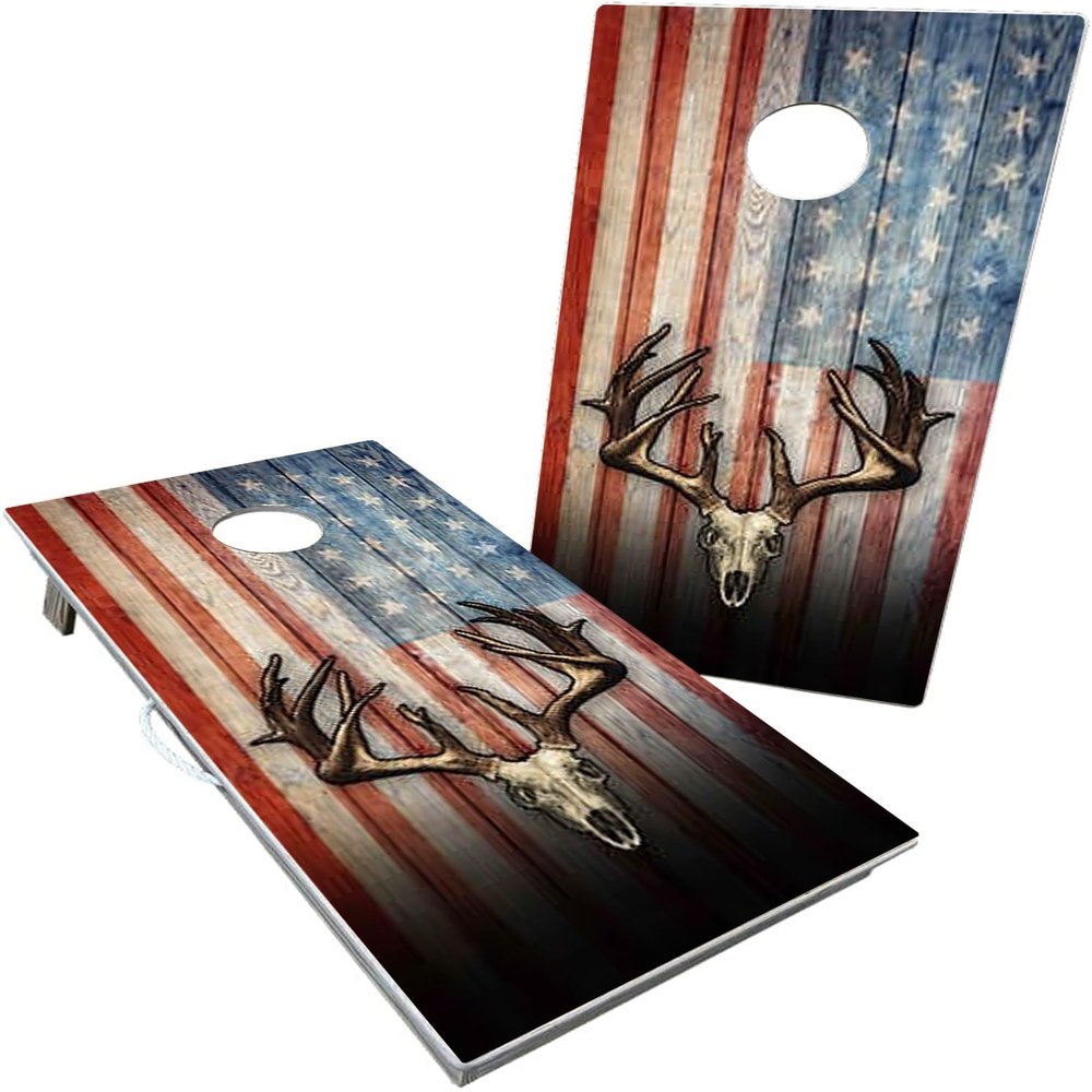 Cornhole365 Professional Cornhole Board Set - Regulation Size, Heavy Duty, Solid Wood Cornhole Board Set w/UV Print (Set of 2), Ideal for Outdoor Games & Tournaments - Deer Skull American Flag