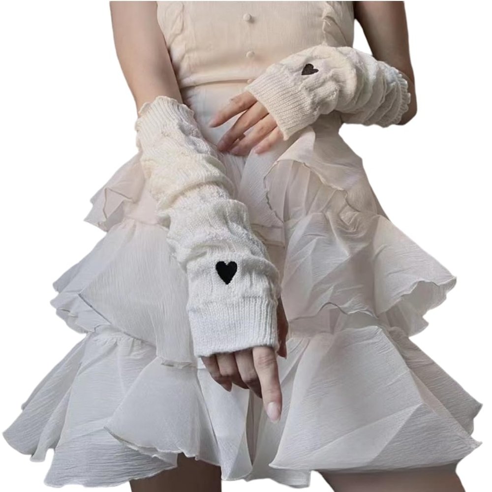 Eominve Y2K Arm Warmers for Women Teens Japanese Harajuke Lolita Cute Knitted Fingerless Gloves Heart Thumb Hole Gloves (White)
