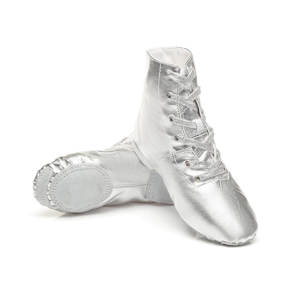 Unisex Kids Lace-up Jazz Dance Shoes Canvas Soft Leather Split Sole Ballet Boots for Girls Boys (Toddler/Little Kid/Big Kid) (Silver Leather Hight,13,Unisex,Little_Kid,Little Kid)