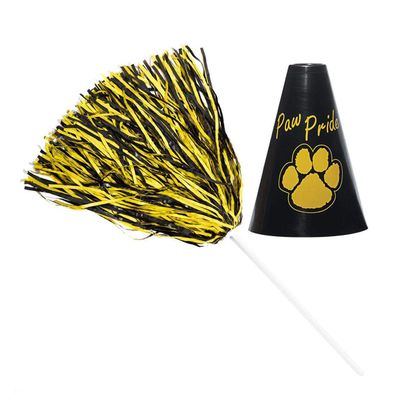 Anderson's Black and Gold Pom Poms and Megaphones Set, 24 Pieces, Plastic Megaphones, Sports, Fan Gear, Homecoming, Cheerleaders