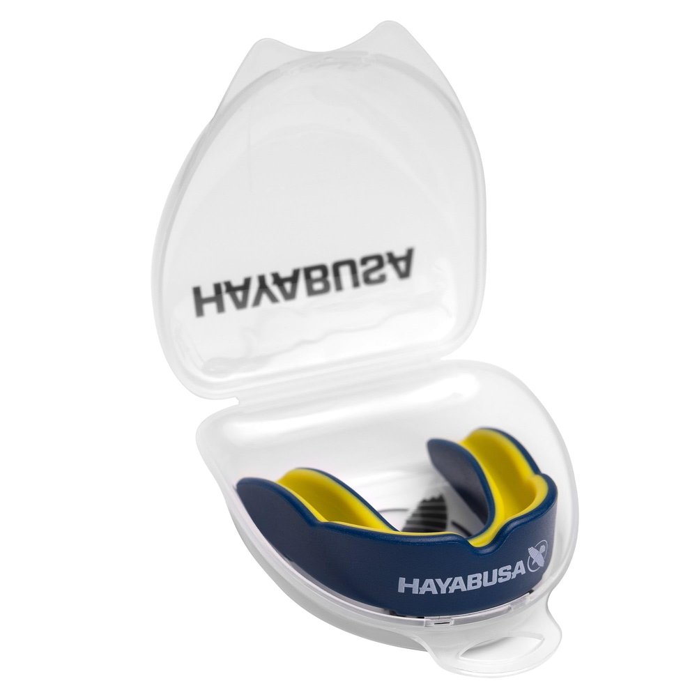 Hayabusa Combat Sports Mouth Guard Youth, Kids and Adult Sizes Comes with Case - Blue/Yellow, Adult