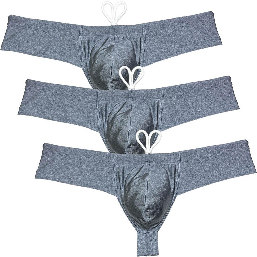 Men's Solid Contour Pouch Bikini Swimsuit 1/3 Hip Coverage Swim Briefs Shiny Swimwear Surf Mini Cheeky Trunks 3-Pack(Dark Gray) L