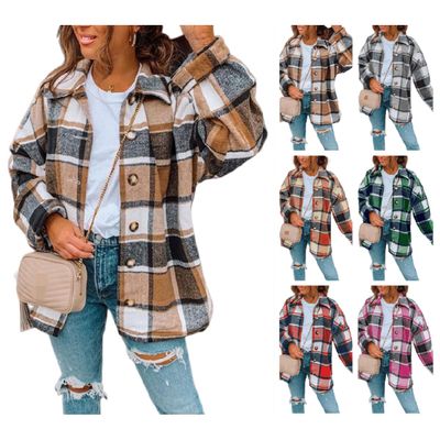 Womens Casual Plaid Shacket Long Sleeve Button Down Shirt Jackets Coat Lapel V Neck Oversized Blouses Fall Clothes Brown