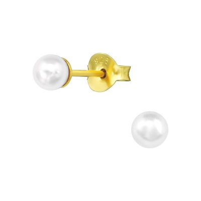 Gold Plated 925 Sterling Silver 4mm Synthetic Pearl Stud Earrings, Sold as a Pair