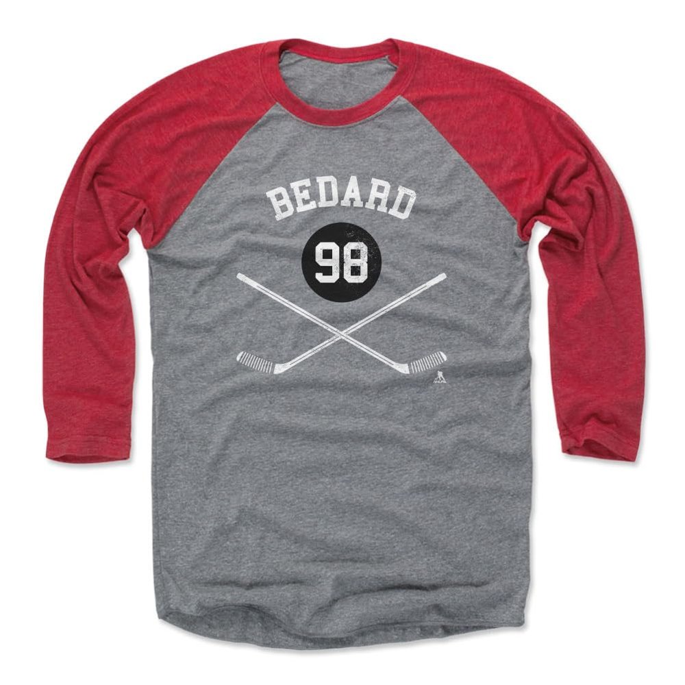500 LEVEL Connor Bedard 3/4 Sleeve T-Shirt (Baseball Tee, Large, Red/Heather Gray) - Connor Bedard Chicago Sticks WHT