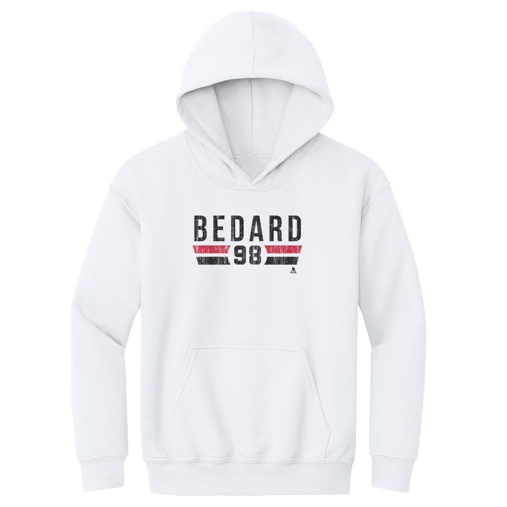 500 LEVEL Connor Bedard Youth Sweatshirt (Youth Hoodie, Medium, White) - Connor Bedard Chicago Font