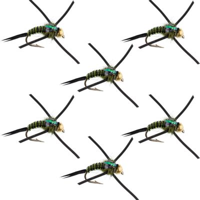 The Fly Fishing Place Tungsten Bead Head Rubber Legs Olive Black Zebra Copper John Nymph Fly Fishing Flies - Set of 6 Flies Hook Size 16