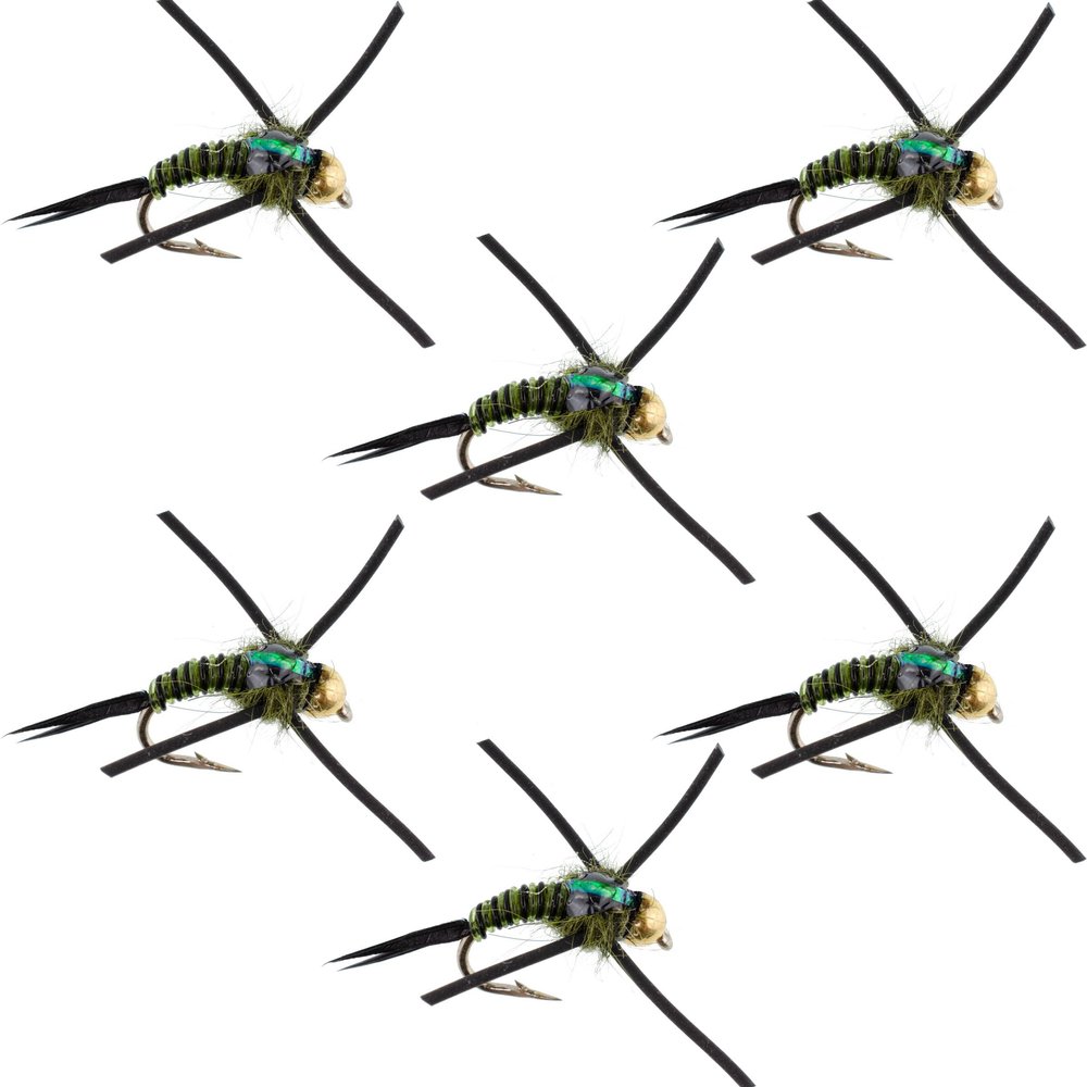 The Fly Fishing Place Tungsten Bead Head Rubber Legs Olive Black Zebra Copper John Nymph Fly Fishing Flies - Set of 6 Flies Hook Size 16