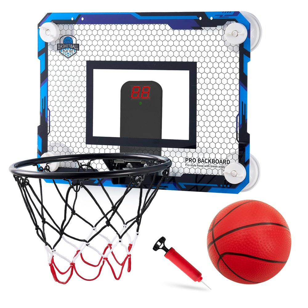 RUNBOW Indoor Mini Basketball Hoops Backboard with Powerful Suction Cups,Wall Mounted Door Basketball Hoops,Toys with Balls Gifts for Kids Boys Teens (43x30CM, Blue with Scorer) (Blue Scorer)