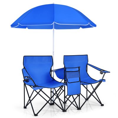 MAT EXPERT Folding Double Camp Chair w/Removable Umbrella, Portable Picnic Chair w/Mini Table, Chair Set w/Beverage Holder, Portable Loveseat Camp Chairs for Beach/Backyard/Poolside/Park