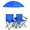 MAT EXPERT Folding Double Camp Chair w/Removable Umbrella, Portable Picnic Chair w/Mini Table, Chair Set w/Beverage Holder, Portable Loveseat Camp Chairs for Beach/Backyard/Poolside/Park view 1