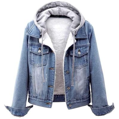 Teen Girls Winter Plush Hoodie Denim Jacket Vintage Button Down Coat With Pocket (Blue-short, XXXXXL)
