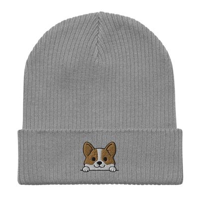Corgi Beanie, Corgi Face, Embroidered Unisex 100% Organic Cotton Ribbed Beanie, for Kids and Adults, Corgi Gifts, Design 2. Light Grey