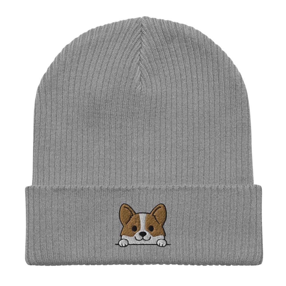Corgi Beanie, Corgi Face, Embroidered Unisex 100% Organic Cotton Ribbed Beanie, for Kids and Adults, Corgi Gifts, Design 2. Light Grey