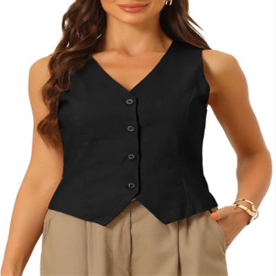 Allegra K Vest Tops for Women Summer Cotton Linen Sleeveless Button Down V Neck Fully Lined Waistcoat Cropped Vests X-Small Black