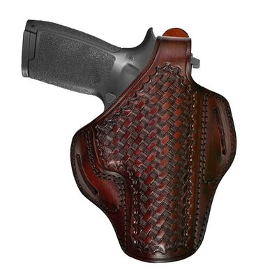 Leather Belt Holster Fits Glock 17 19 21 23 26 27 29 30 42 43 43X, Premium Leather, Thumb Break, Basket Weave, Handmade - ShnLeather (Brown, Glock 27)