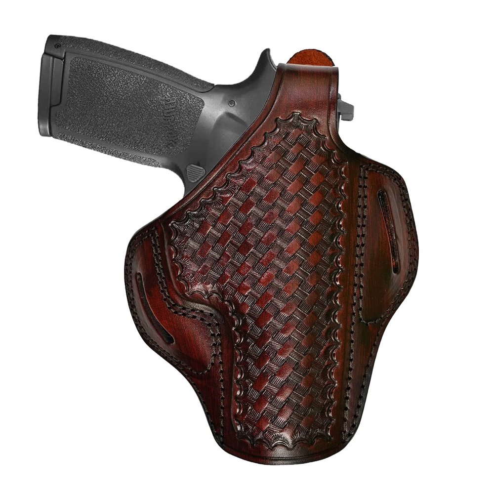 Leather Belt Holster Fits Glock 17 19 21 23 26 27 29 30 42 43 43X, Premium Leather, Thumb Break, Basket Weave, Handmade - ShnLeather (Brown, Glock 27)