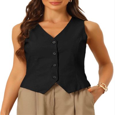 Allegra K Vest Waistcoat for Women's Fashion Sleeveless Button Down V Neck Crop Top Summer Vest Large Black