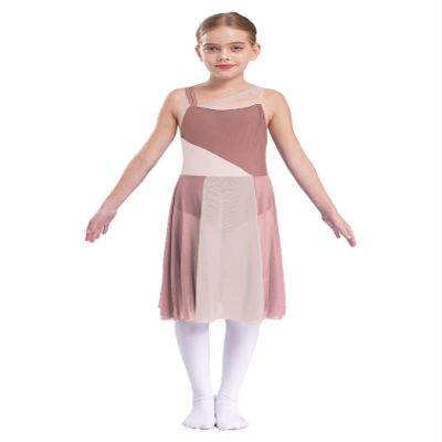 easyforever Kids Girls Lyrical Dress Sleeveless Mesh Color Block Leotard Dress Modern Contemporary Dance Costume Light Brown 16 Years