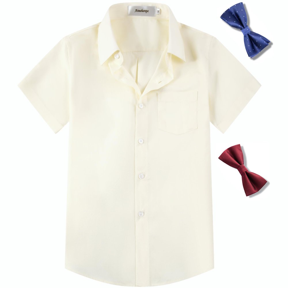 Aimehonpe Boys Short Sleeve Dress Shirts Solid Poplin Soft Stretch Fabrics with Two Bow Tie Set, Ivory, Large