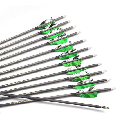12pc 28-Inch 600-Spine Arrow Removable Tips Targeting Hunting Arrow Turkey Feather 3 Inch Feathered Carbon Arrows for Traditional Bow Long-Bow Compound Bow Recurve Bow Adult Youth Archery Green Camo