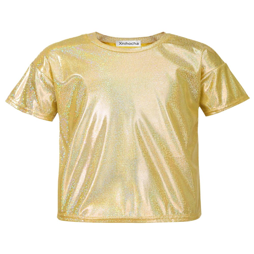 Xnihocha Girls Boys Sparkly Metallic Dance Tops Short Sleeve T-Shirt Jazz Hip Hop Party Stage Performance Costume Gold 3-4 Years