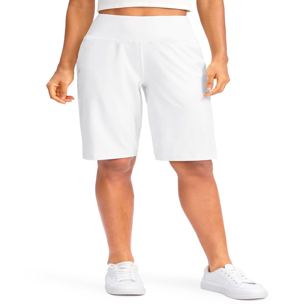 G Gradual Women's 12" Bermuda Long Shorts with Pockets High Waisted Stretch Knee Length Shorts for Women Summer Walking(White,L)