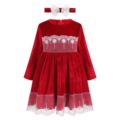 AFAVOM Girls Winter Velvet Dress Long Sleeve Lace Fall Christmas Dress for Toddler Kids Xmas Party Princess Outfit Casual Birthday Prom Gown Pageant Photography Tutu Dress + Headband Red 4-5 Years