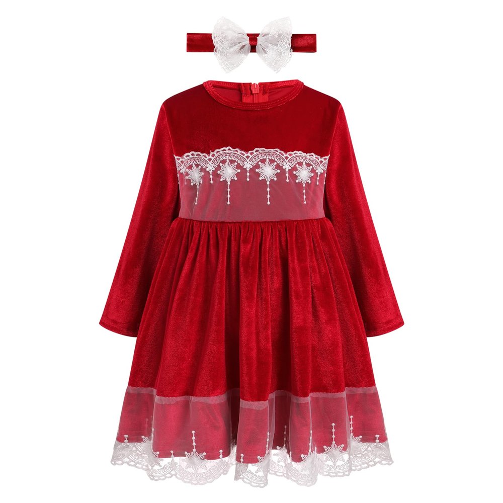 AFAVOM Girls Winter Velvet Dress Long Sleeve Lace Fall Christmas Dress for Toddler Kids Xmas Party Princess Outfit Casual Birthday Prom Gown Pageant Photography Tutu Dress + Headband Red 4-5 Years