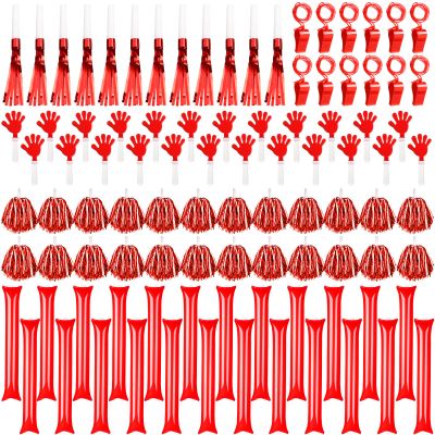 Yunsailing 96 Pcs Homecoming Noisemakers Team Spirit Accessories for Game Day Include Hand Clappers Cheerleading Pom Pom Thunder Stick Cheer Party Blower Plastic Whistle for Sport Fans(Red White)