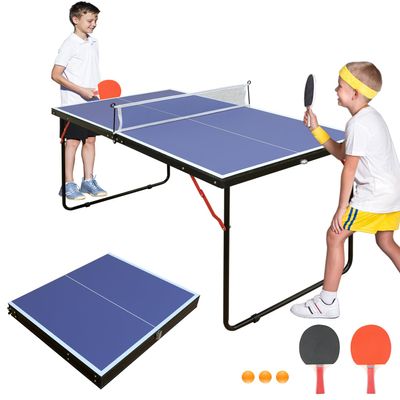 SculPong 4.5FT Ping Pong Table Foldable Table Tennis Table with Net, Table Tennis Paddles and Balls, MDF Multi-Use Family Game Table Assembly Free for Kid Child Teenager Adult, Small Compact Portable