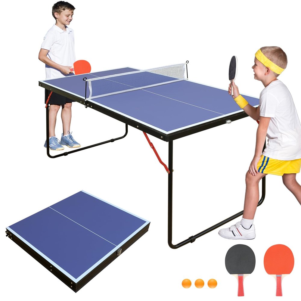 SculPong 4.5FT Ping Pong Table Foldable Table Tennis Table with Net, Table Tennis Paddles and Balls, MDF Multi-Use Family Game Table Assembly Free for Kid Child Teenager Adult, Small Compact Portable