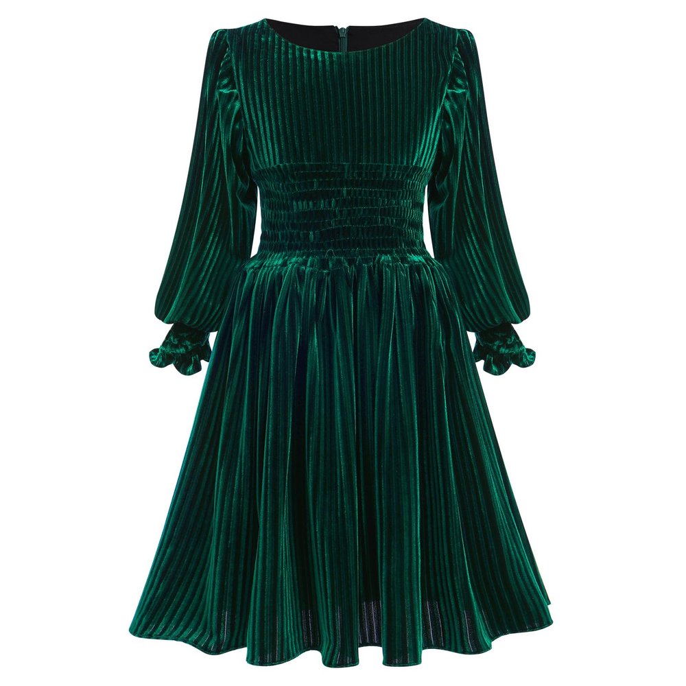 AFAVOM Winter Smocked Waist Velvet Dress for Girls Long Sleeve Vintage Ribbed Party Dress Princess Xmas Outfit Casual Elegant Fall Clothes New Year Wedding Guest Retro Dress Blackish Green 6-7 Years